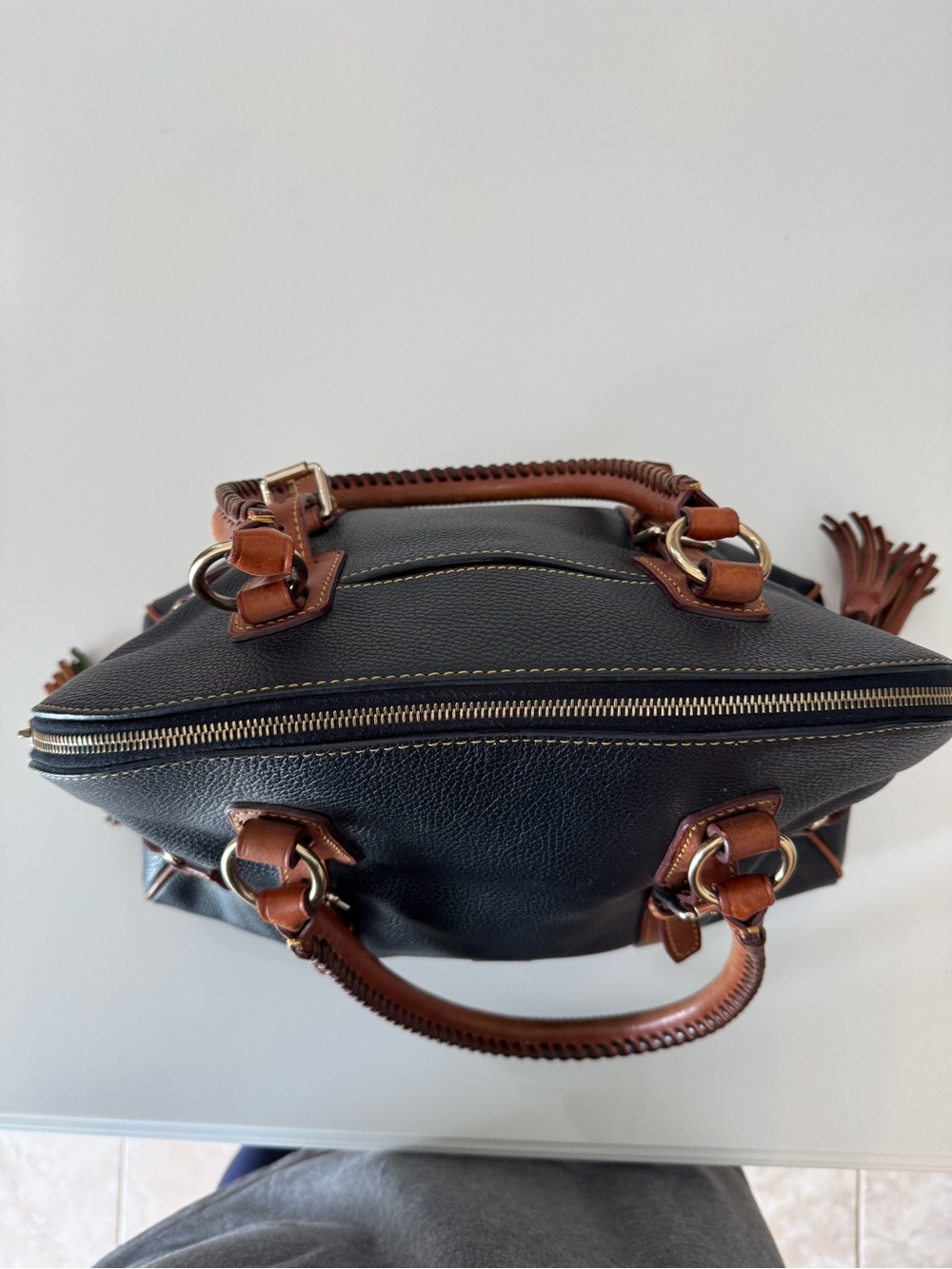 Dooney & Bourke Black Pebbled Leather Satchel with Brown Trim and Brass Hardware - Picture 3 of 11